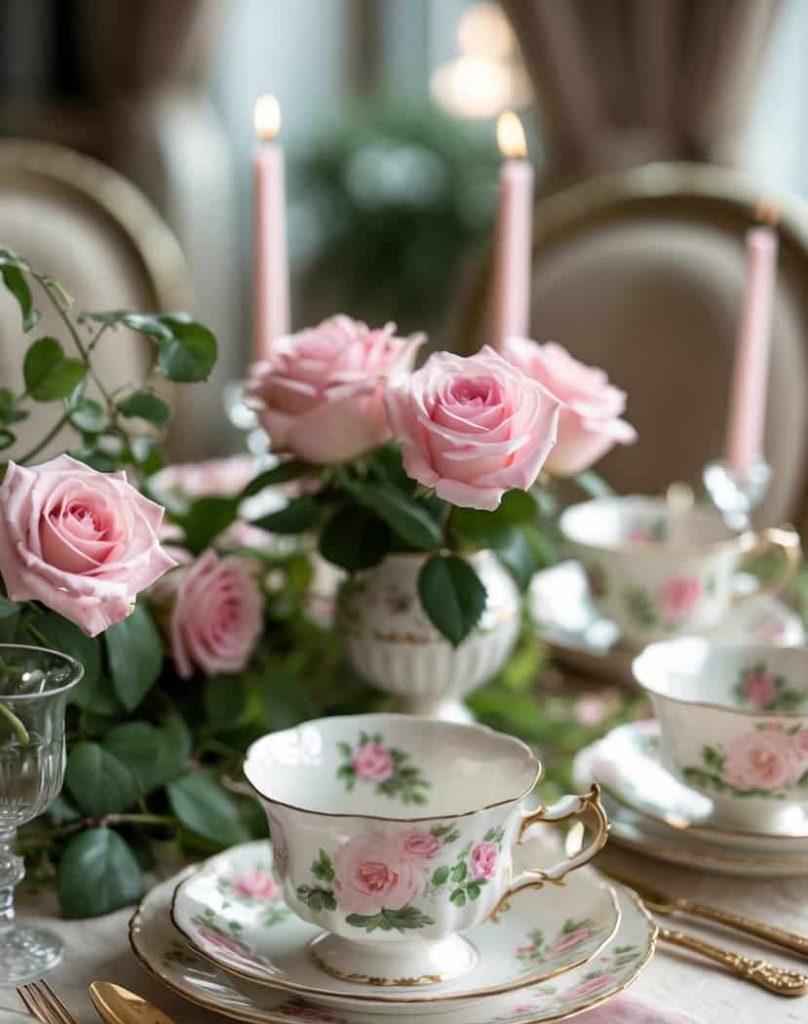 A table set with floral china teacups, saucers, gold cutlery, pink napkins, and a centerpiece of pink roses, with lit pink candles in the background.