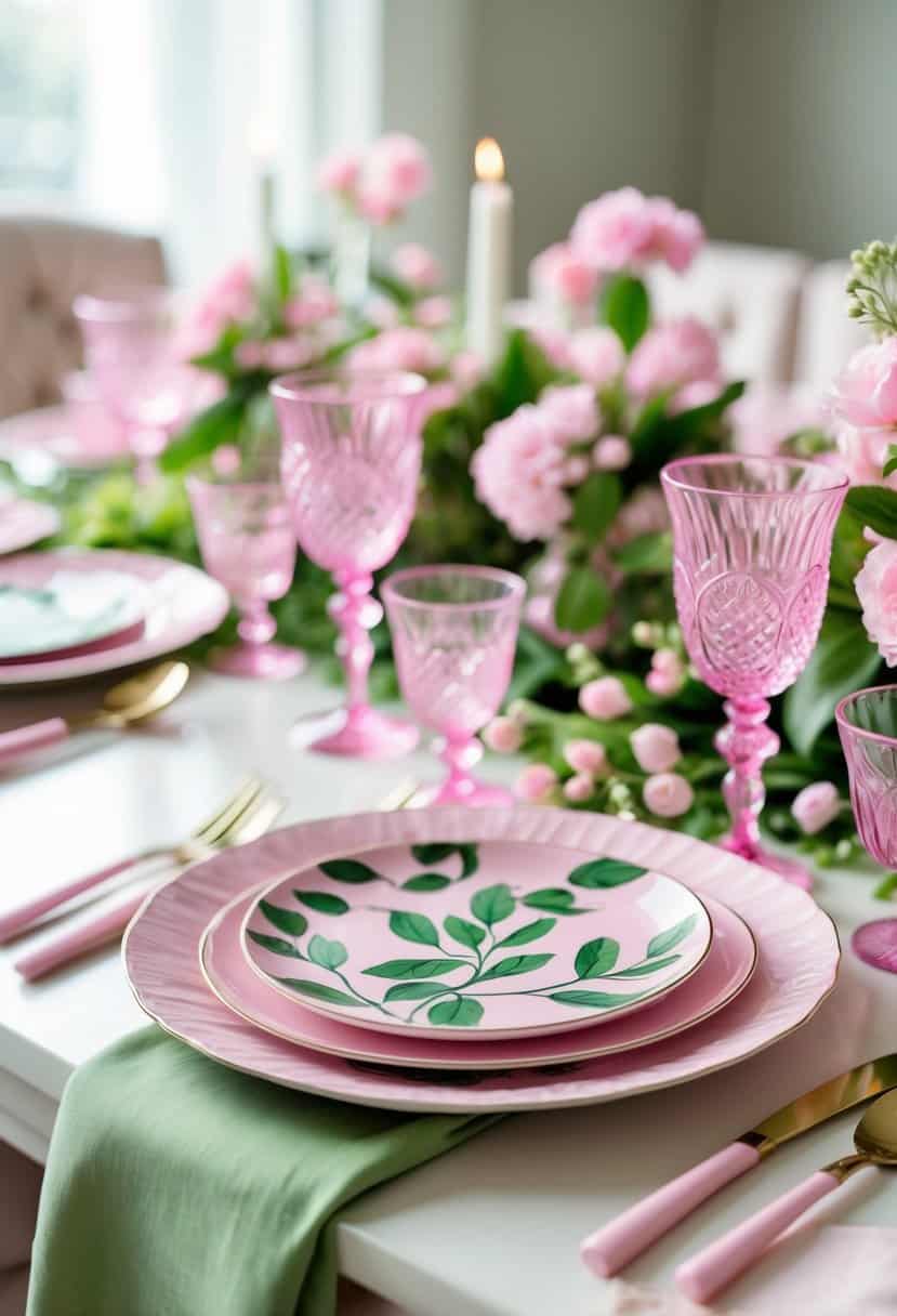 A table set with pink plates decorated with green leaf patterns, surrounded by green and pink table decorations and floral arrangements.