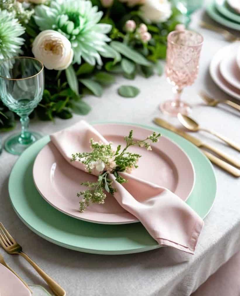 Elegant table setting with pastel pink and green plates, gold cutlery, a cloth napkin with flowers, and floral centerpiece. Glasses in pink and green are arranged on a light tablecloth.