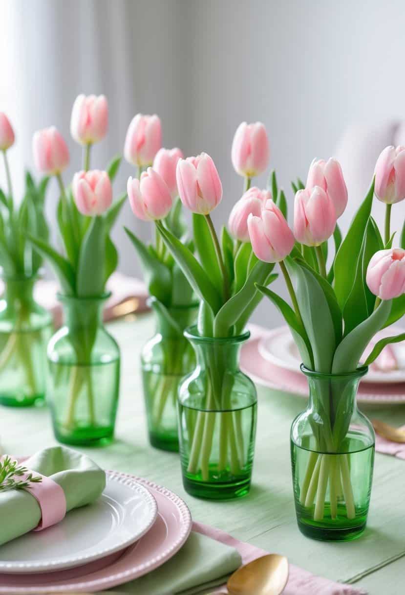 A table set with green glass vases holding pink tulips arranged among green and pink table decorations.