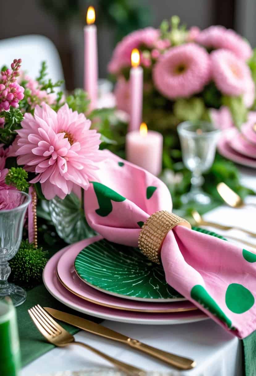 A table set with pink and green patterned napkins held by gold napkin rings, surrounded by matching decorations and tableware.