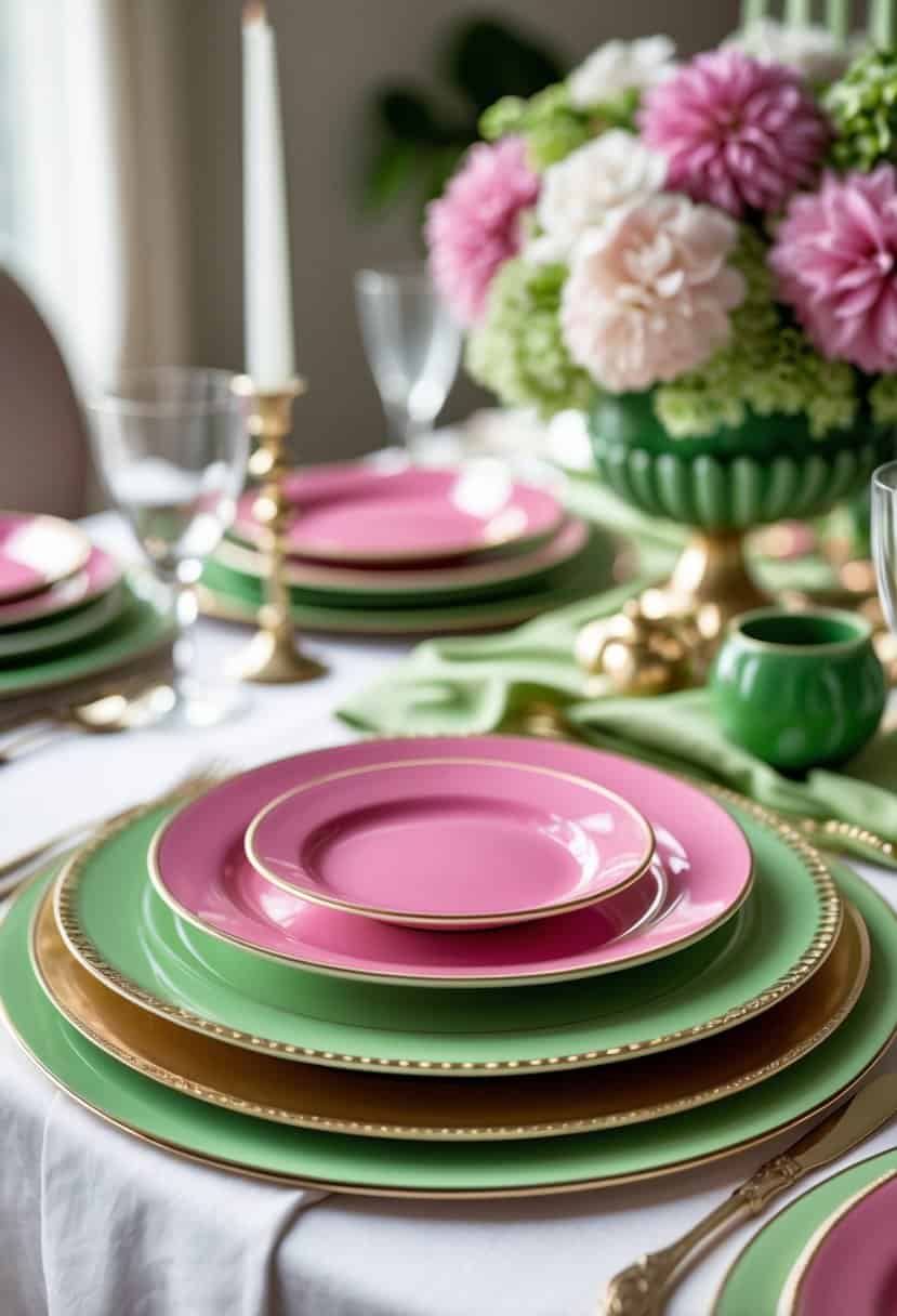 A dining table with pink dessert plates set on green charger plates, arranged in a layered tablescape.