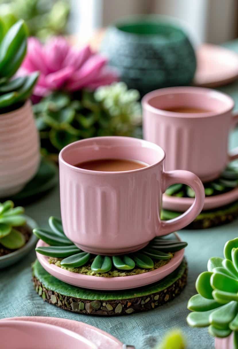 Pink ceramic mugs resting on green succulent plant coasters arranged on a table with green and pink decorative elements.