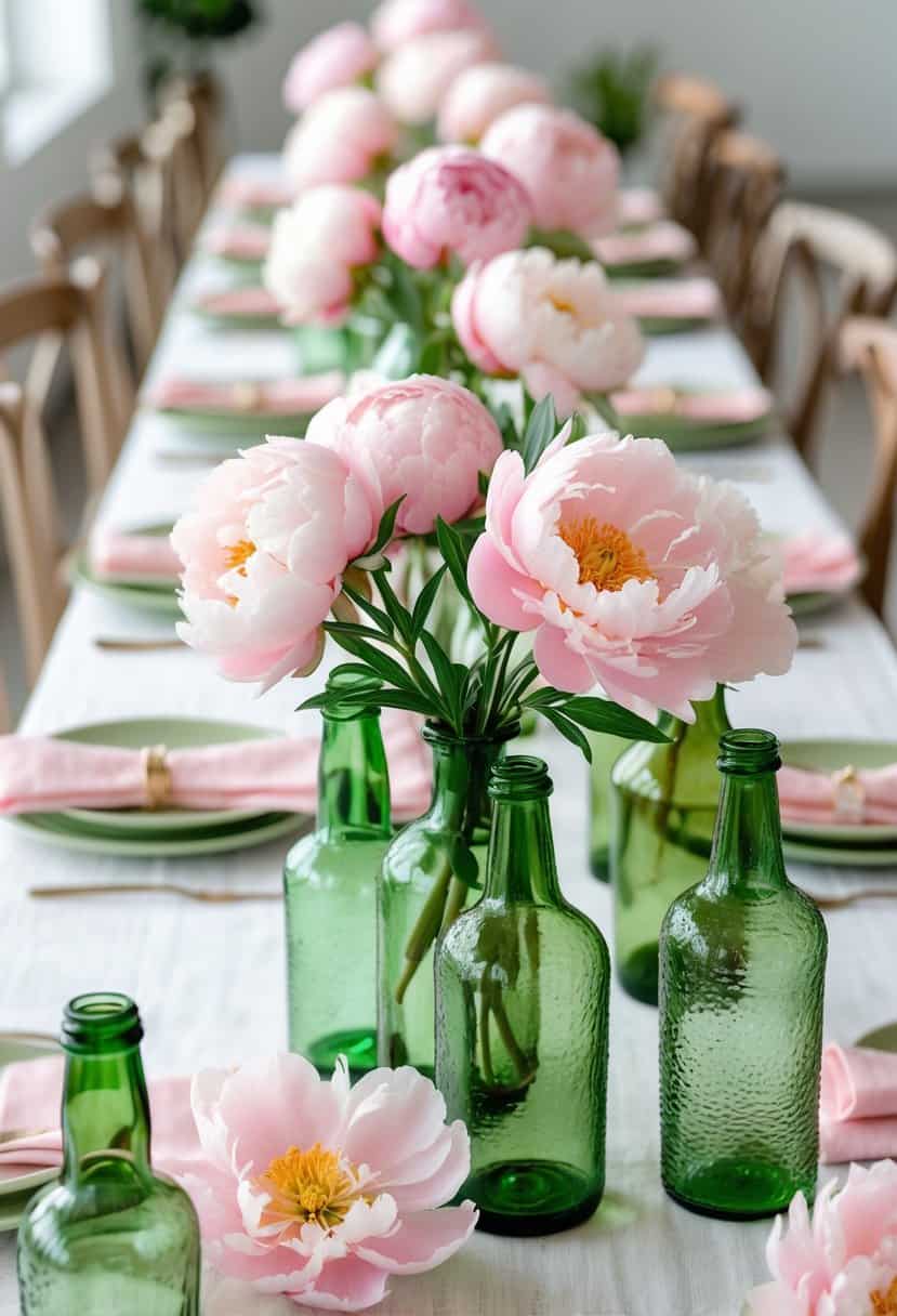 A table decorated with blush pink peonies arranged in green vintage glass bottles.