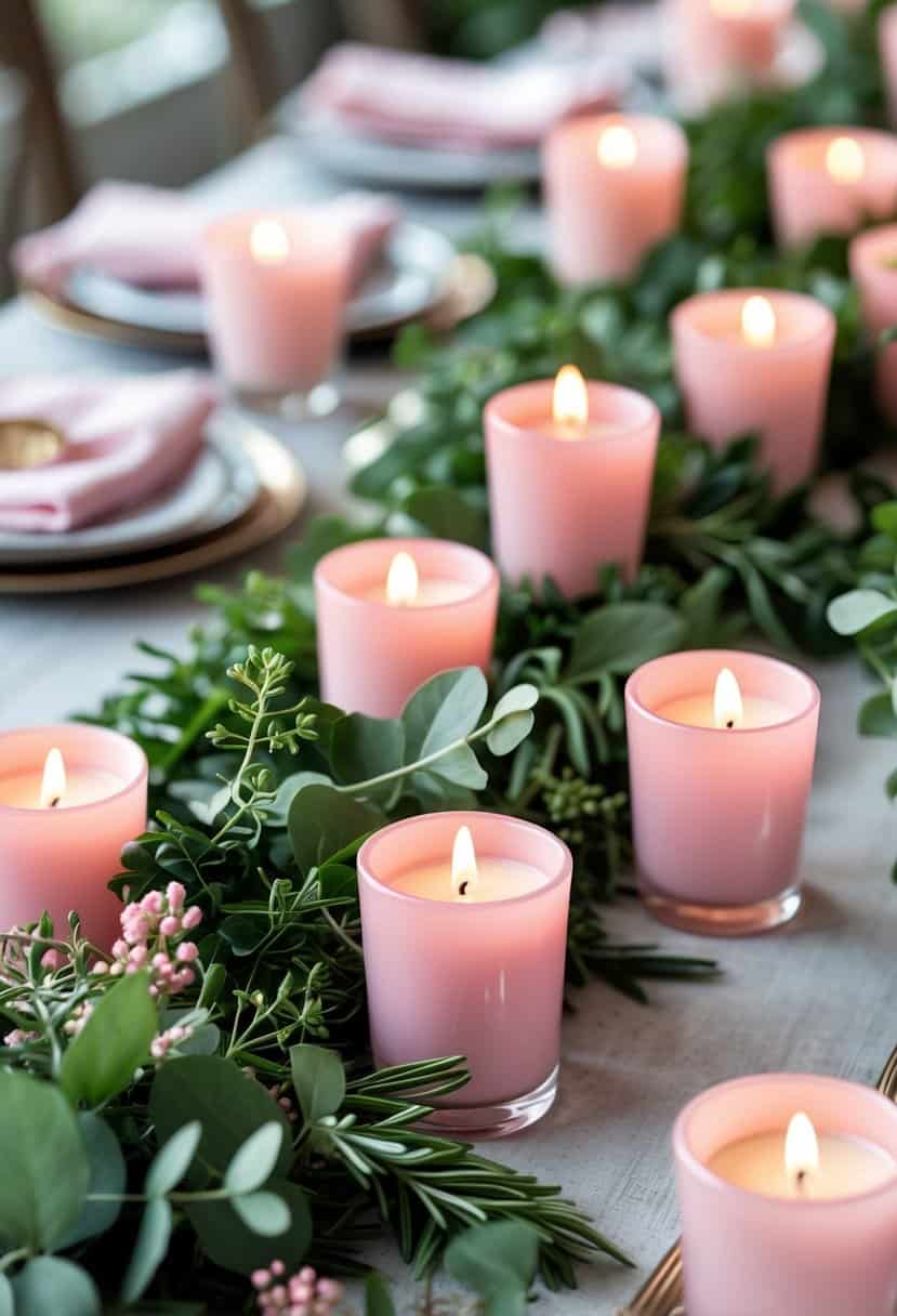 A table decorated with pink candle votives and green sprigs arranged together.