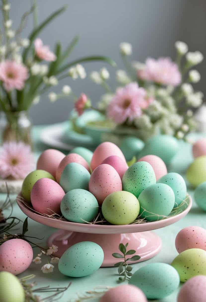 A spring tablescape with many pink and green speckled Easter eggs scattered on a decorated table with flowers and greenery.