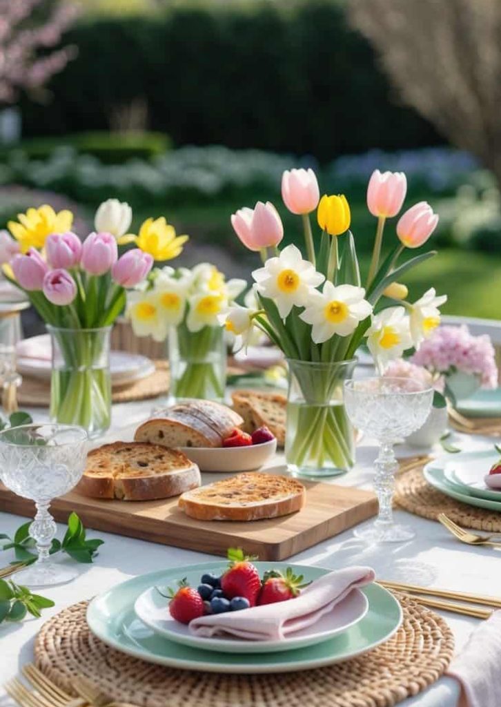 A spring outdoor table is set with pastel plates, woven placemats, vases of tulips and daffodils, toast, berries, and clear glasses, with a garden in the background.