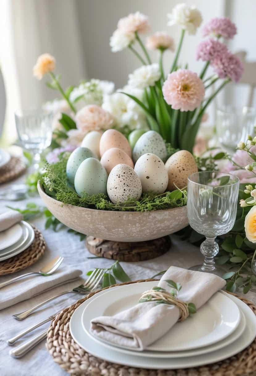 A spring brunch table with a centerpiece of speckled eggs surrounded by flowers and place settings.