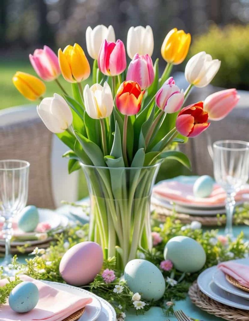 A glass vase of colorful tulips serves as a centerpiece on an outdoor table set with pastel eggs, floral decorations, plates, and glassware.