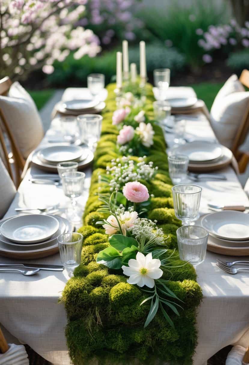 A spring brunch table set outdoors with a natural moss table runner, fresh flowers, plates, glassware, and wooden chairs in a garden setting.