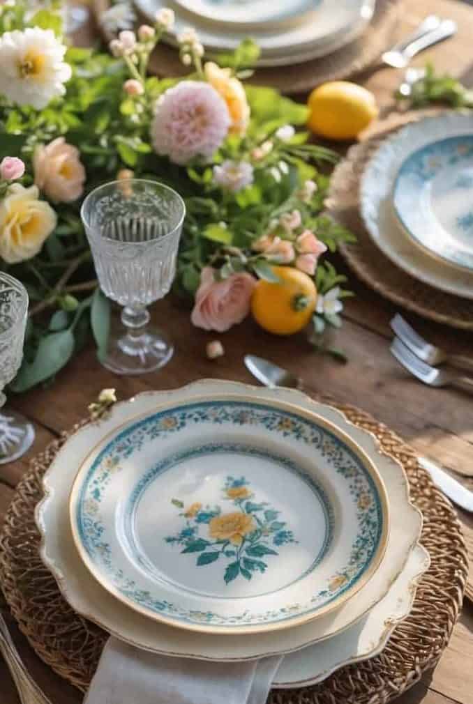 A wooden table set with floral-patterned plates, crystal glasses, cutlery, woven placemats, and decorated with a bouquet of fresh flowers and lemons.