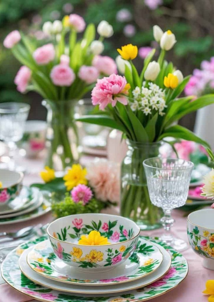 A dining table set outdoors with floral-patterned dishes, glassware, and cutlery, decorated with vases of pink and yellow flowers.