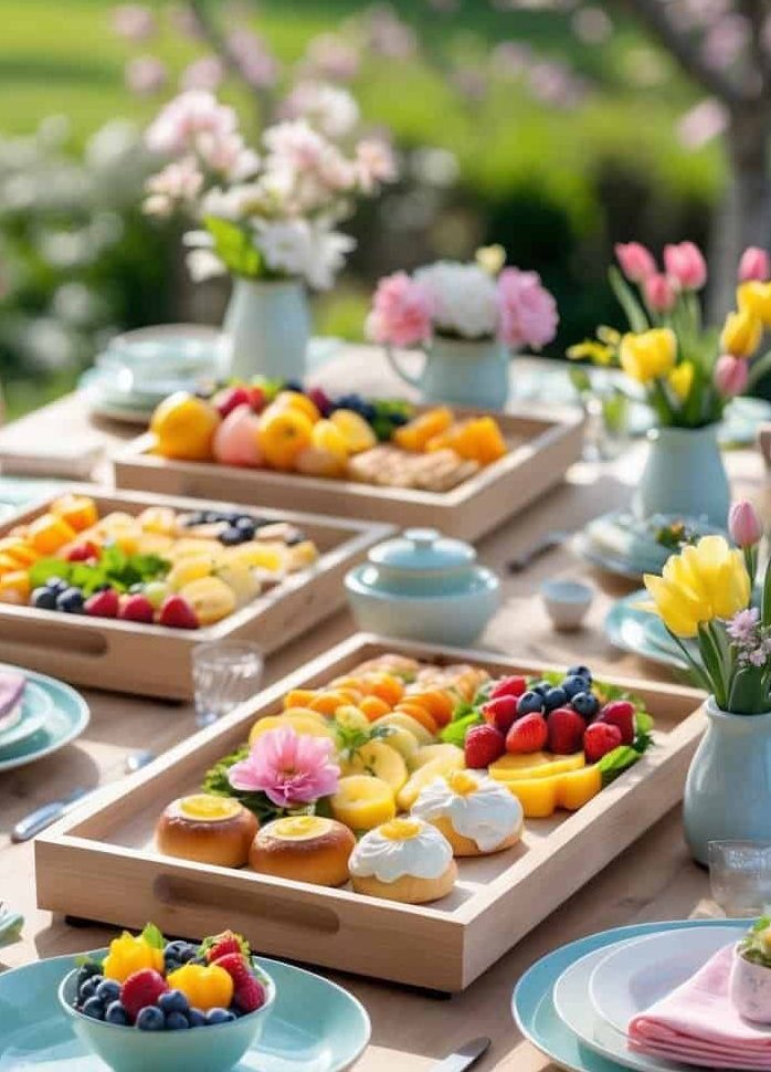 A wooden table set for a garden brunch with trays of assorted fruit and pastries, pastel dishware, and vases of spring flowers. Blossoming trees are visible in the background.