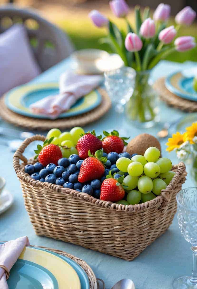 Woven basket filled with fresh fruit on a spring brunch table with flowers and tableware.