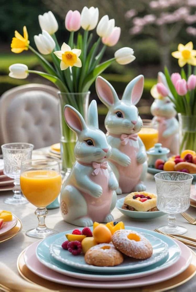 A spring-themed table setting with ceramic bunny figurines, plates of pastries and fruit, glasses of orange juice, and vases of tulips and daffodils.