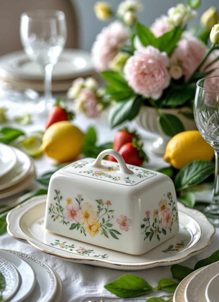 A decorated butter dish with floral patterns sits on a set table with plates, glassware, lemons, strawberries, and a bouquet of pink flowers.