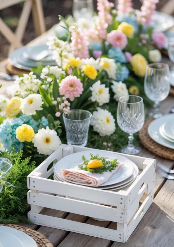 A wooden outdoor table set with plates, glasses, napkins, and a centerpiece of colorful fresh flowers, with a small white crate in the foreground holding a lemon and greenery.