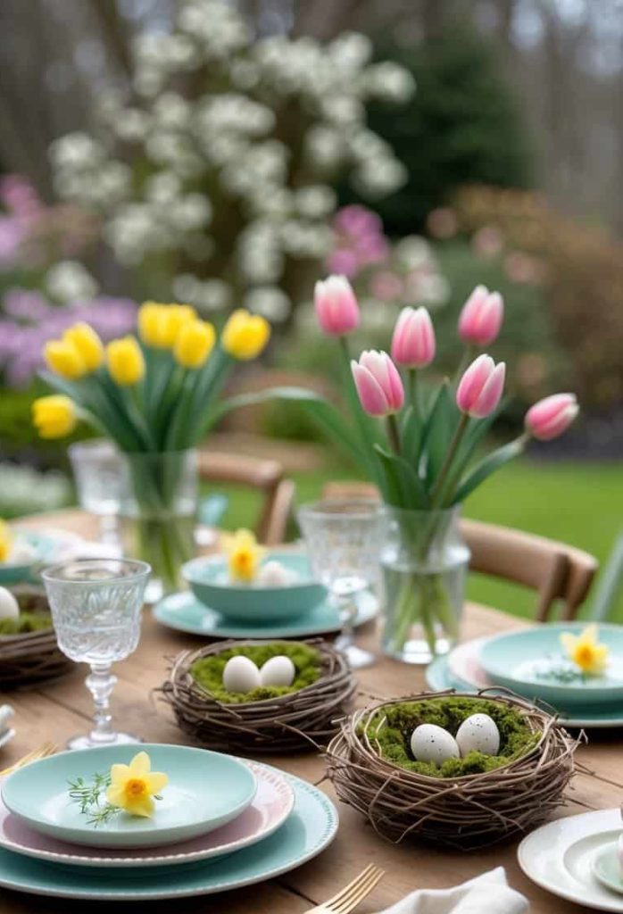 A wooden outdoor table set with pastel plates, crystal glasses, nests with eggs, and vases of yellow and pink tulips; blooming garden in the background.