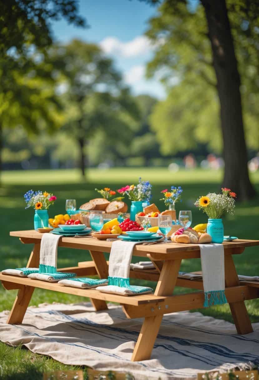 A wooden picnic table outdoors set with colorful plates, glasses, fresh fruits, flowers in jars, and bread under sunny weather.