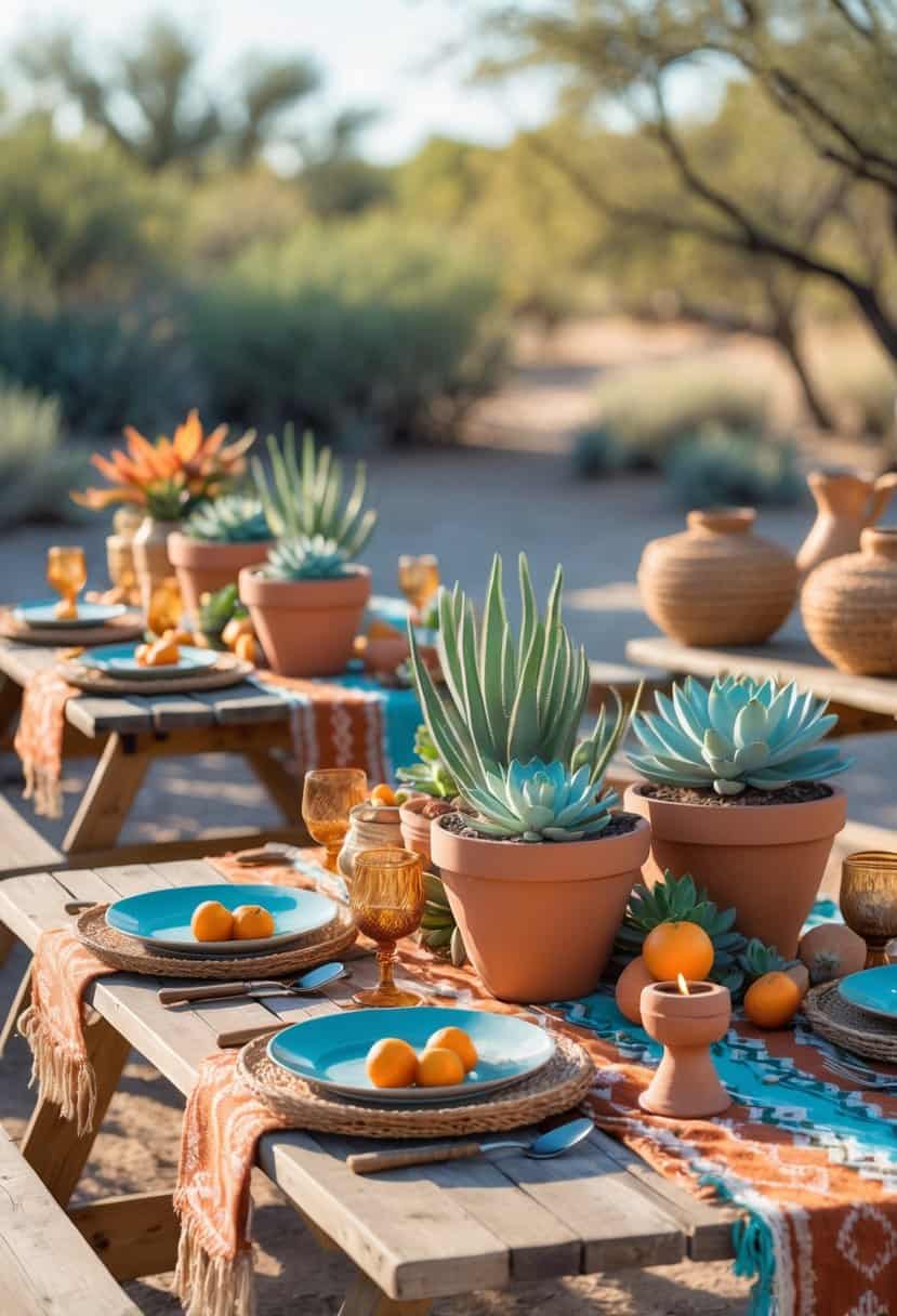 Outdoor picnic tables set with terracotta pots, woven patterned textiles, pottery dishes, and fresh fruits on wooden tables under natural sunlight.