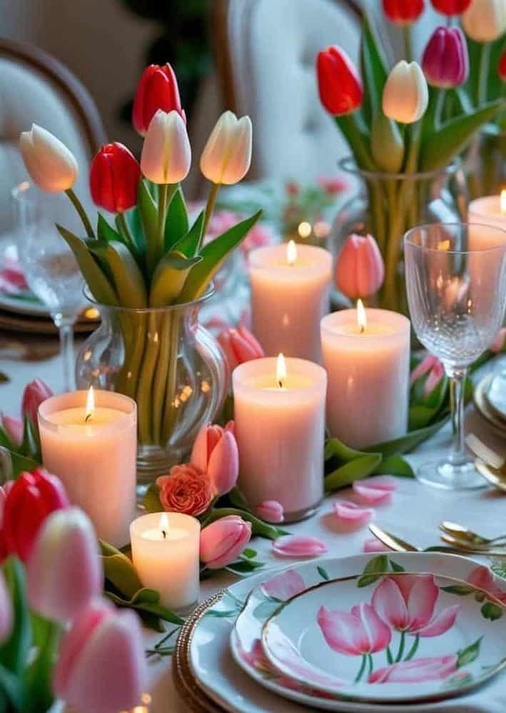 Elegant dining table set with tulip-themed plates, glassware, gold cutlery, and several lit pillar candles surrounded by fresh tulips in vases.