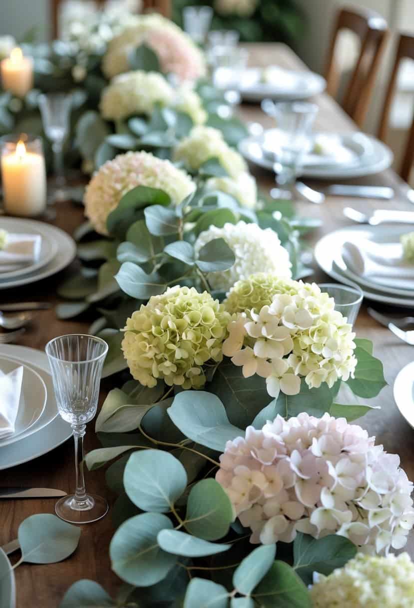 A wooden table decorated with a garland of hydrangea flowers and eucalyptus leaves as a centerpiece.