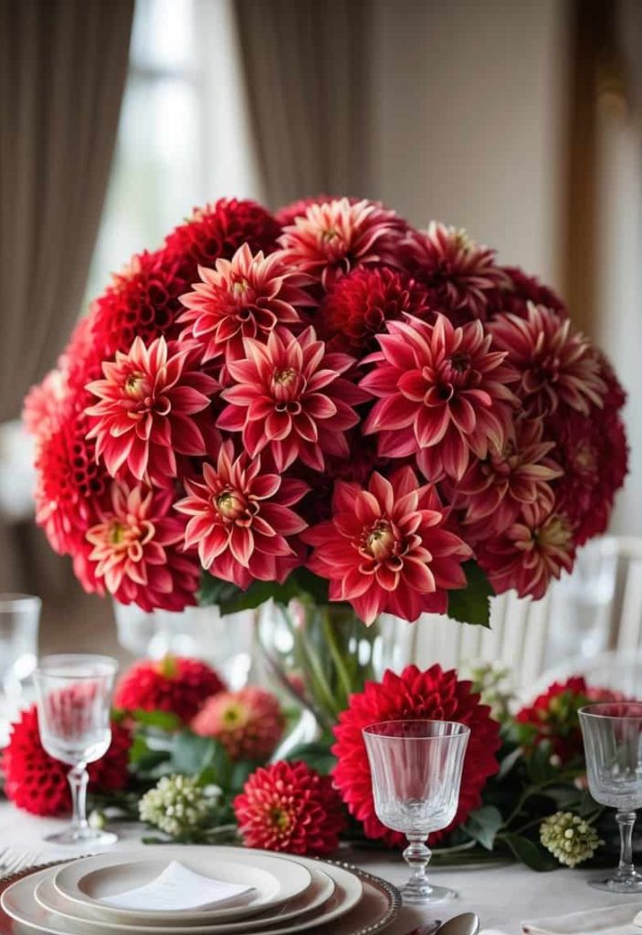 A large bouquet of red and pink dahlias serves as a centerpiece on an elegant dining table set with plates, glassware, and napkins.