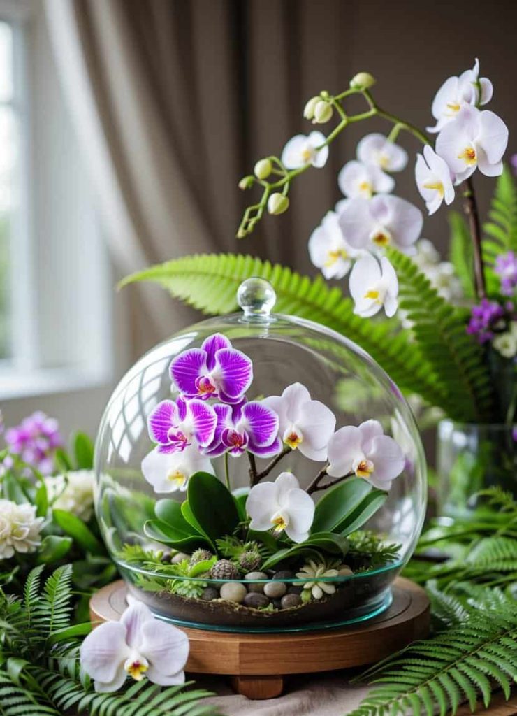 A glass terrarium with purple and white orchids, surrounded by ferns and other white orchids, sits on a wooden surface near a window.