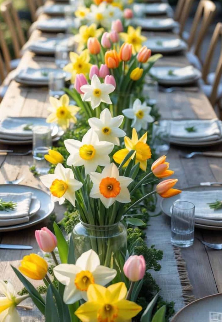A long wooden table set for a meal, decorated with vases of yellow, white, and orange daffodils and tulips, with plates, glasses, and napkins neatly arranged.