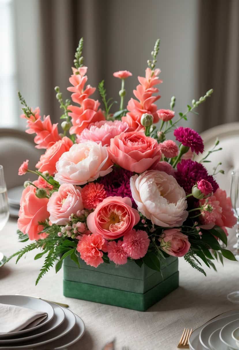 A vibrant coral and fuchsia floral centerpiece arranged on a table with greenery and soft lighting.