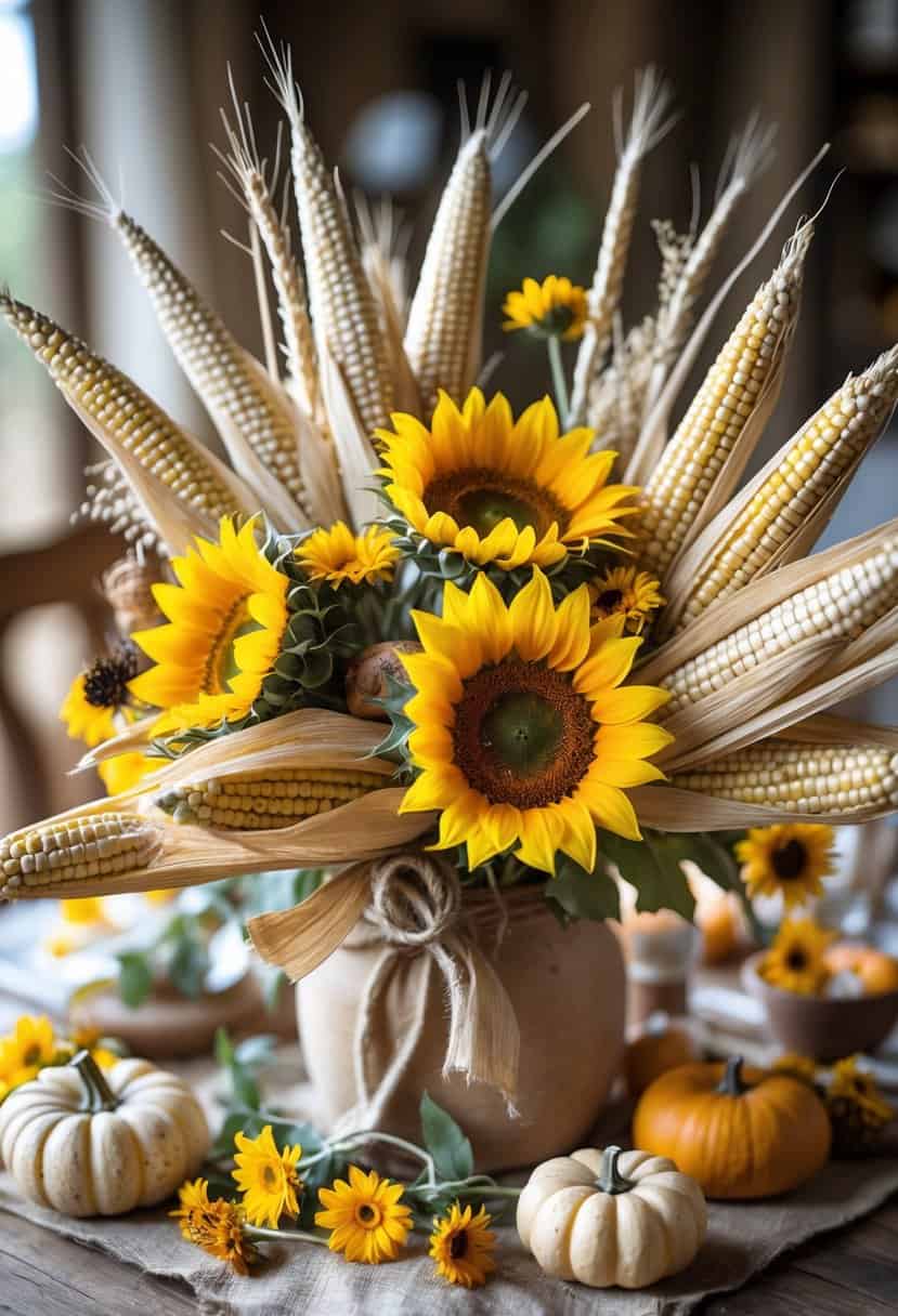 A wooden table with a centerpiece of yellow sunflowers and corn husks surrounded by autumn decorations.