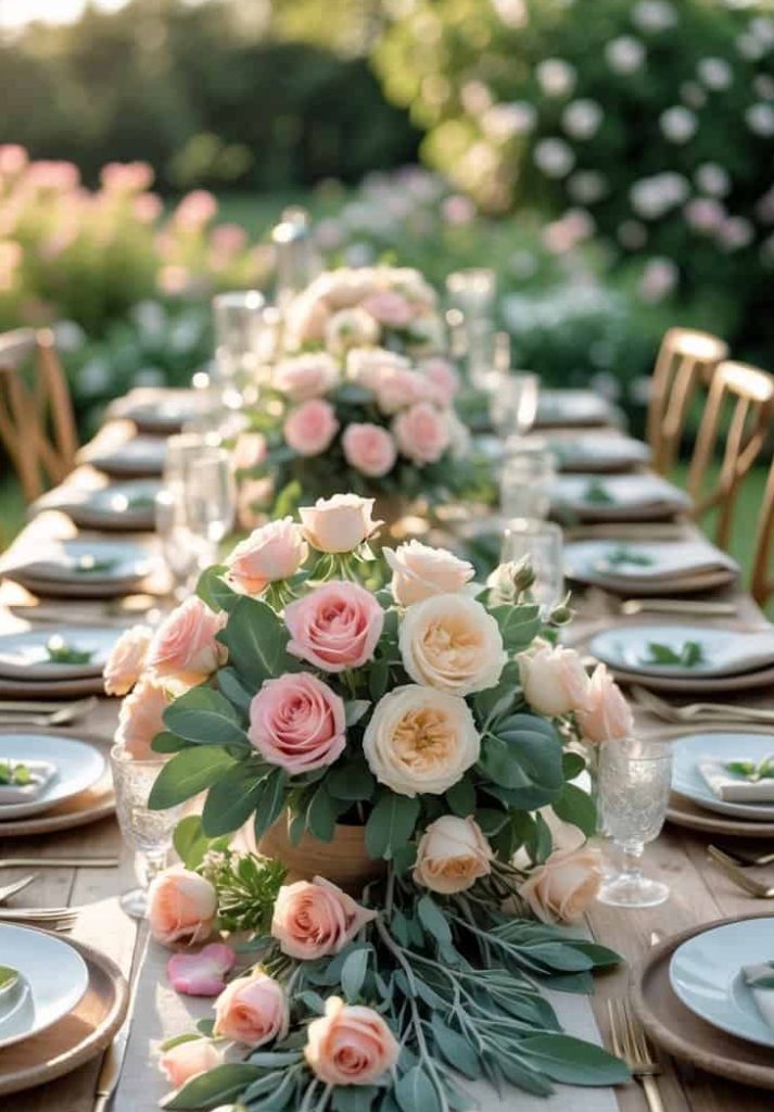 A long outdoor table is set with plates, glasses, and gold chargers, decorated with centerpieces of pink and cream roses and greenery.