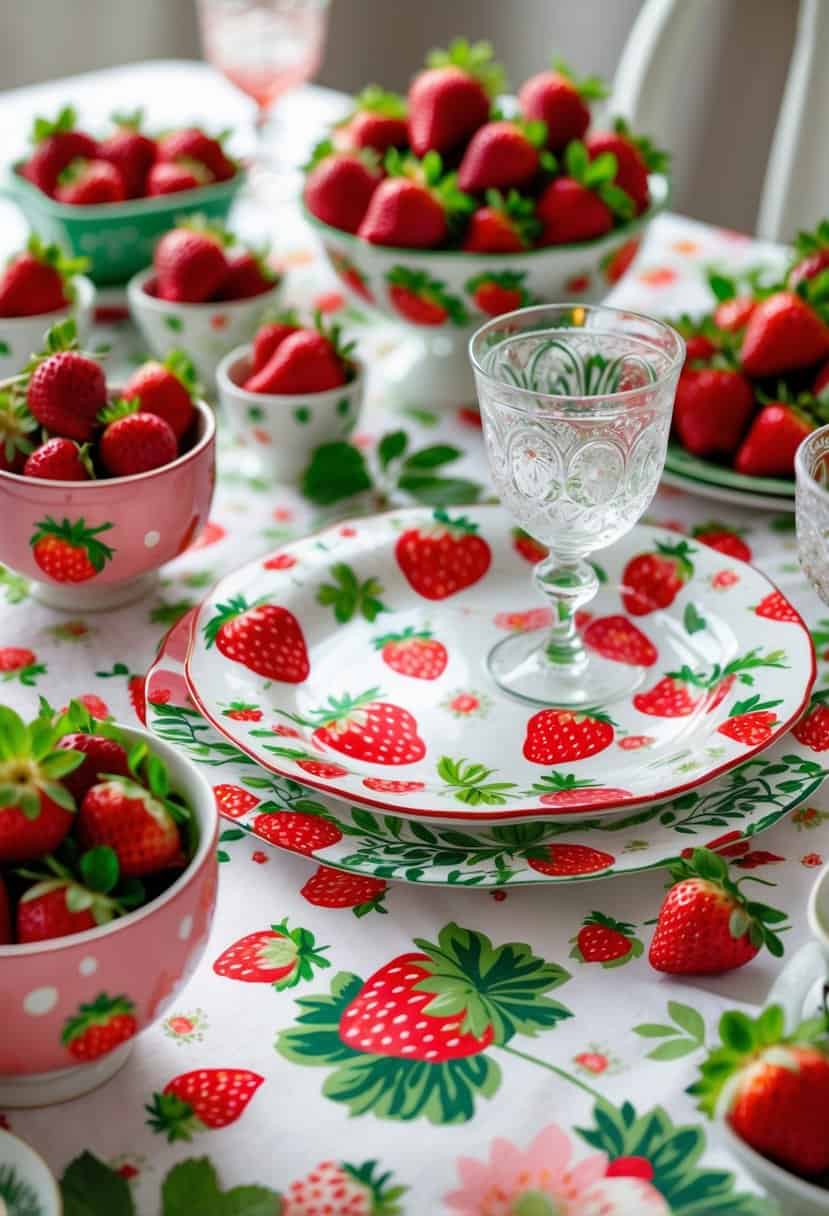 A table set with a vibrant strawberry-patterned tablecloth and fresh strawberries arranged in bowls and on plates.