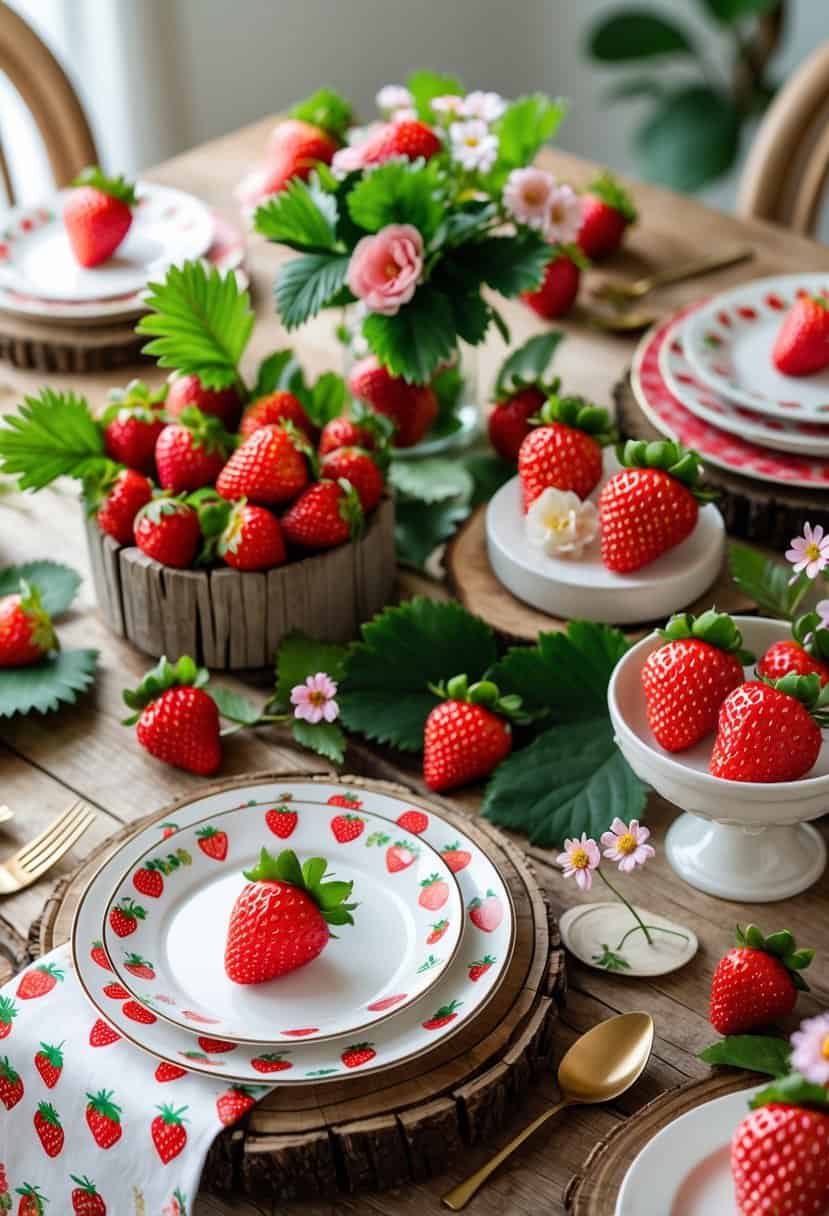 A table decorated with strawberries, strawberry-themed dishes, and handmade strawberry decorations arranged in a bright and inviting setting.
