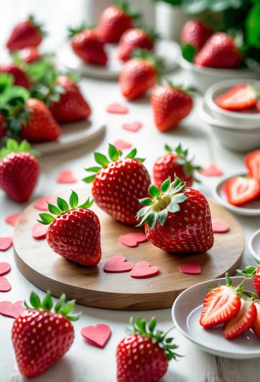 A table decorated with scattered fresh strawberries and strawberry-themed items arranged attractively.