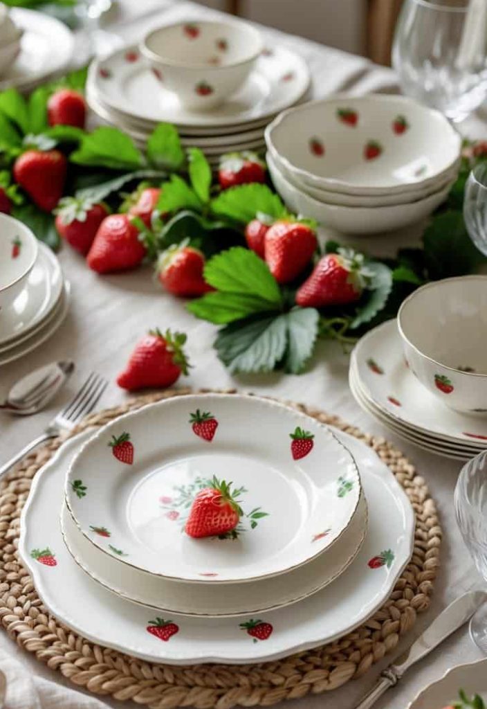 A dining table set with strawberry-themed plates and bowls, surrounded by fresh strawberries and green leaves as decoration.