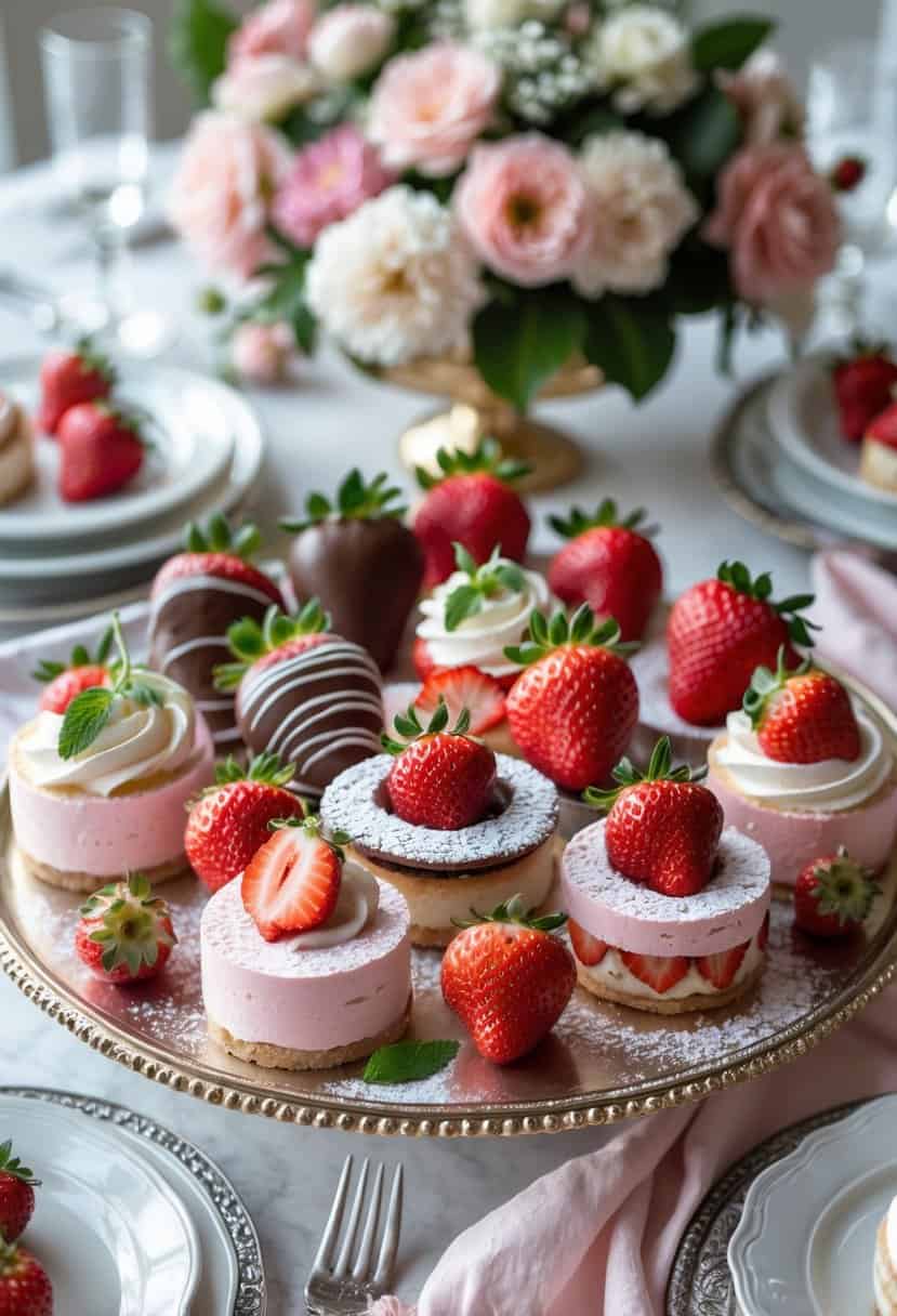 A dessert platter centerpiece with various strawberry desserts including fresh strawberries, chocolate-dipped strawberries, tarts, shortcakes, and mousse cups on a decorated table.
