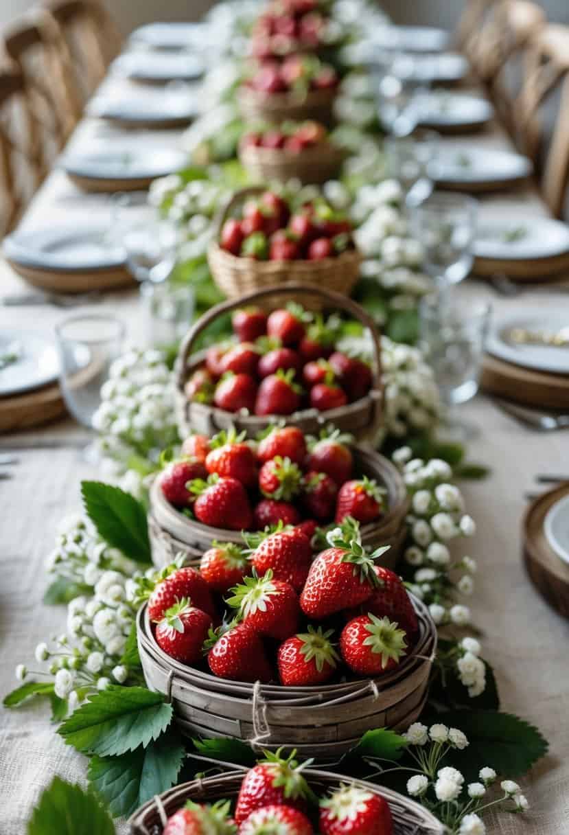 A table decorated with multiple small baskets filled with fresh strawberries arranged as a centerpiece.