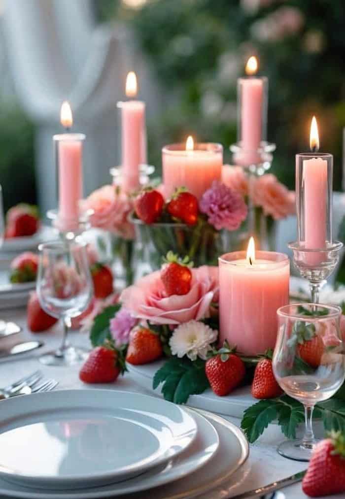 A table set with white plates and glassware, decorated with pink candles, fresh strawberries, and pink flowers in a garden setting.