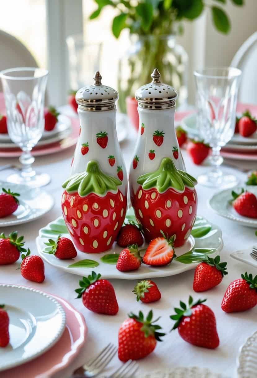 A table set with ceramic strawberry-shaped salt and pepper shakers surrounded by fresh strawberries and tableware.