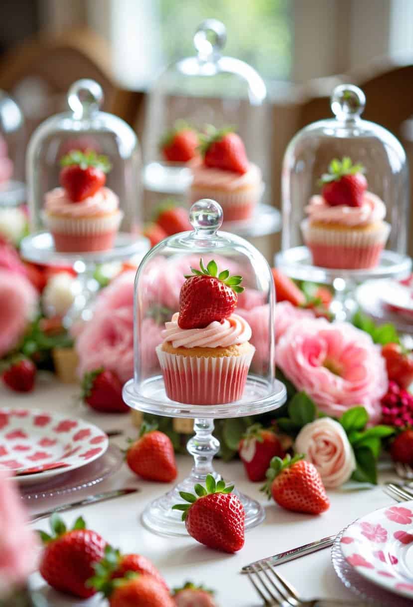A table set with glass cloches covering strawberry cupcakes, fresh strawberries, and floral decorations.