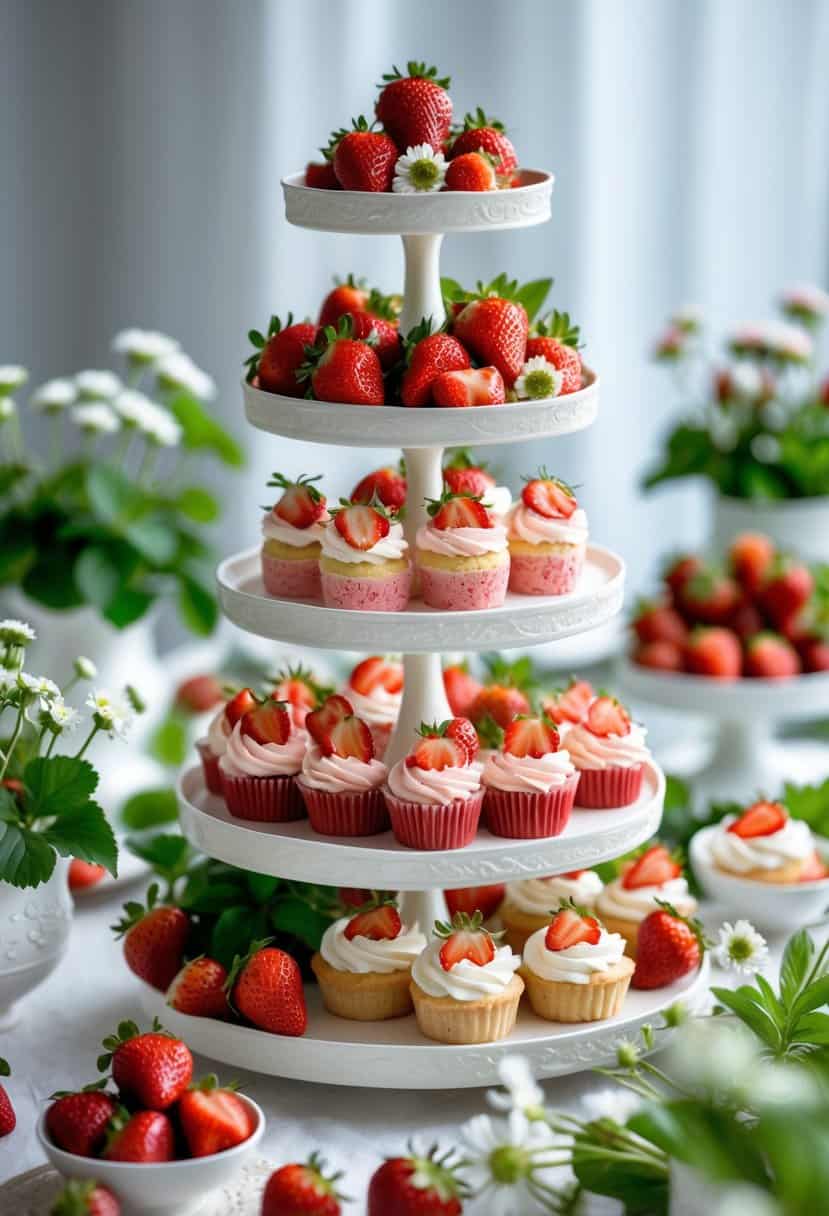 Tiered dessert stand filled with various strawberry desserts on a decorated table with fresh strawberries and green leaves.