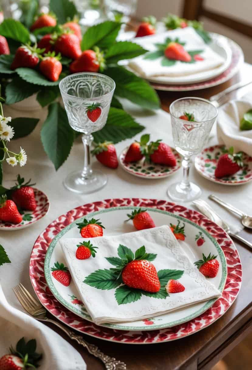 A beautifully arranged table with cocktail napkins featuring strawberry designs, fresh strawberries, and matching tableware.