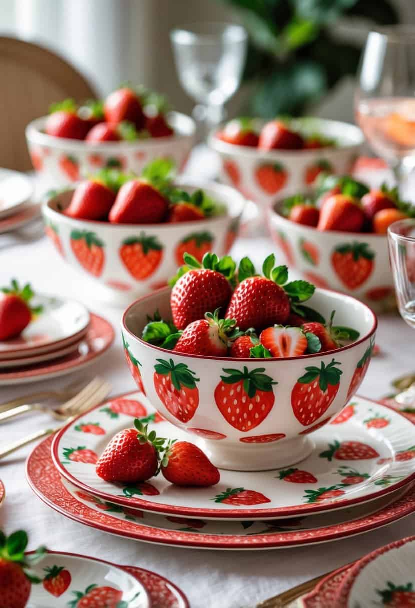 A table set with ceramic serving bowls decorated with strawberry patterns, filled with fresh strawberries and surrounded by matching tableware.
