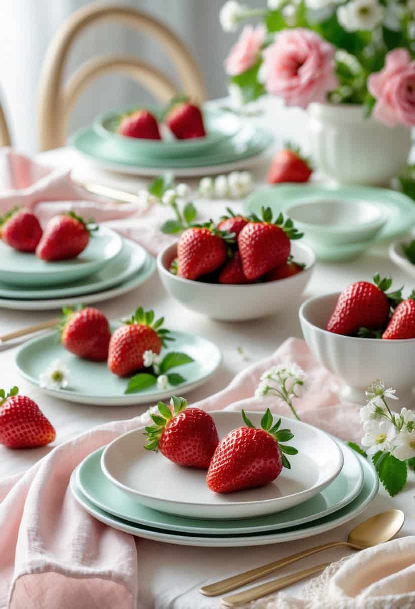 A table set with fresh strawberries on white plates and bowls, arranged on soft pastel-colored table linens.