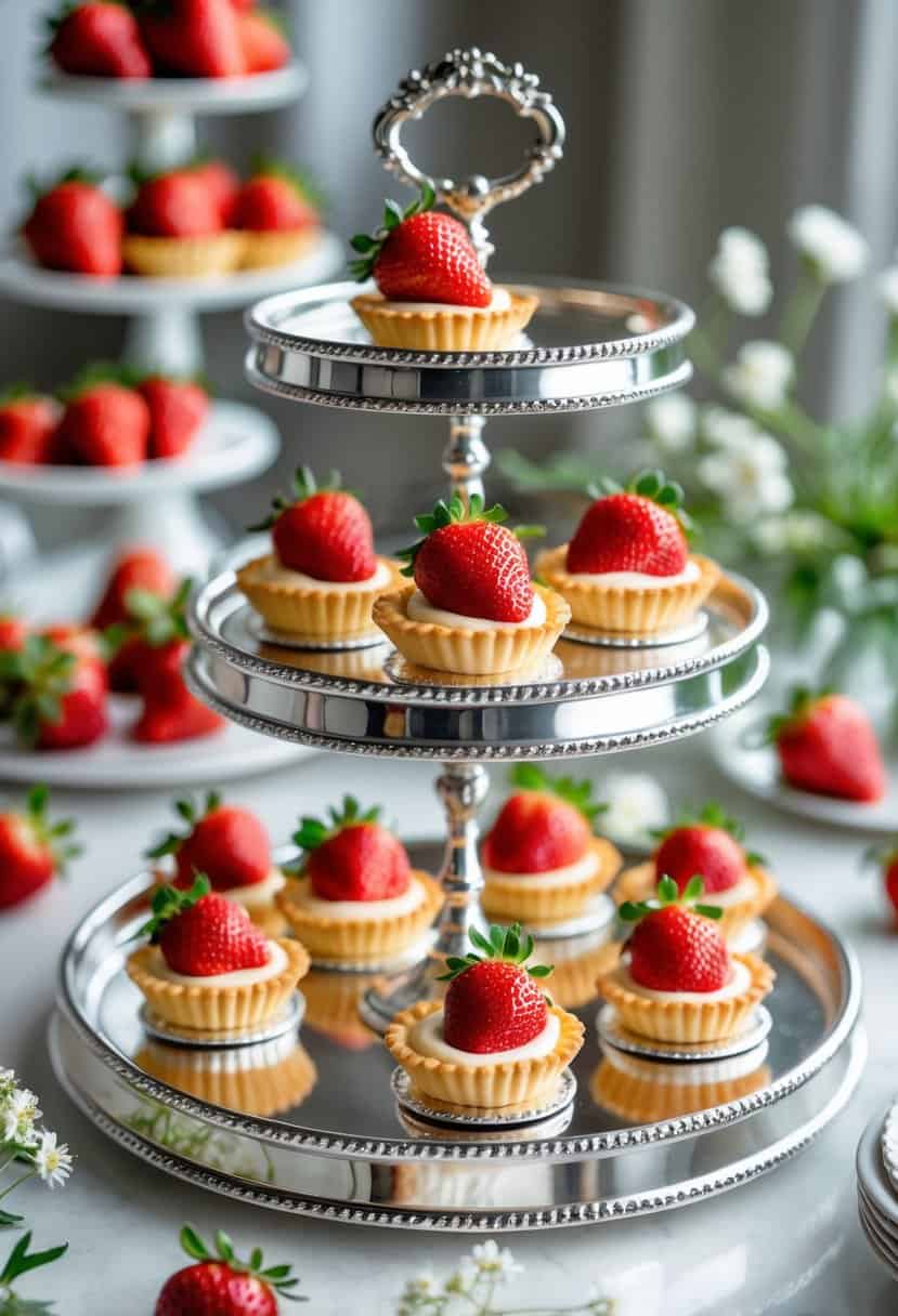 Tiered trays filled with strawberry mini tarts arranged on a table with fresh strawberries and greenery.