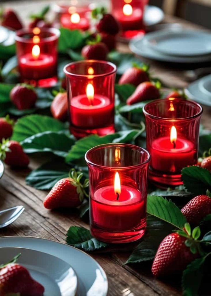 Red candles in glass holders and fresh strawberries decorate a wooden table set with plates and utensils, accented by green leaves.