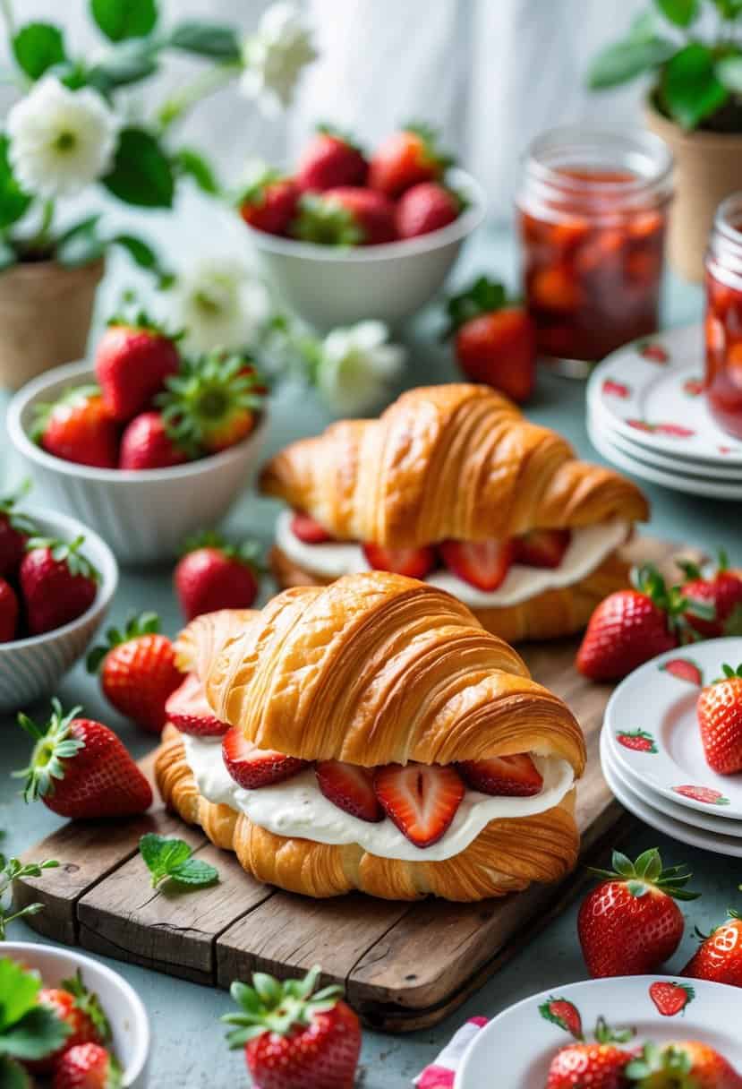 A table with croissants stuffed with cream cheese and strawberries surrounded by fresh strawberries and strawberry-themed decorations.