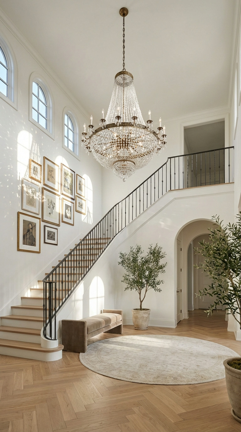 A grand entryway with a sweeping staircase, large crystal chandelier, gallery wall, arched doorway, potted tree, circular rug, and a curved bench on light wood herringbone floors.