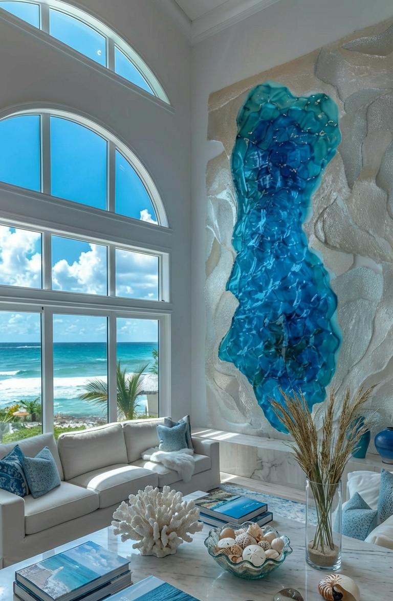 Modern living room with large ocean-facing windows, a white sofa, coastal decor, and a textured blue wall art piece resembling water.